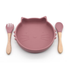Cat‑shaped silicone suction plate set, BPA‑free baby feeding dish with beech wood handle spoon and fork for wholesale