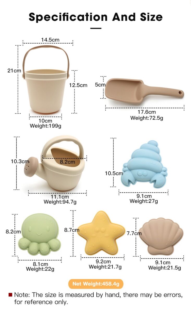 silicone kids beach toy set dimension and size specification chart