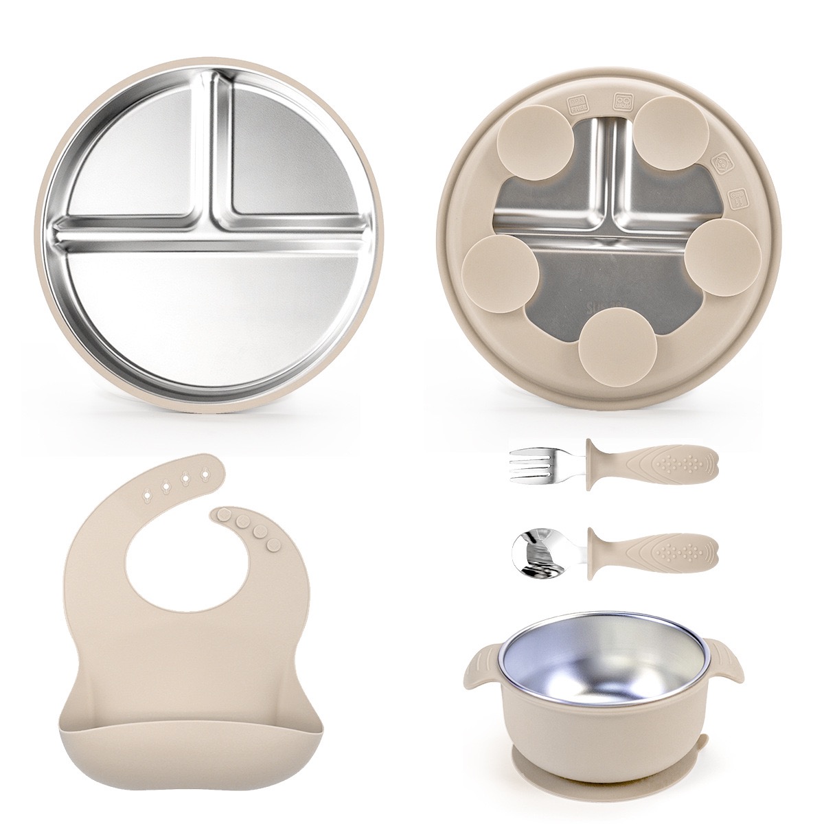 Stainless Steel & Silicone Baby Tableware Set in Cream Beige