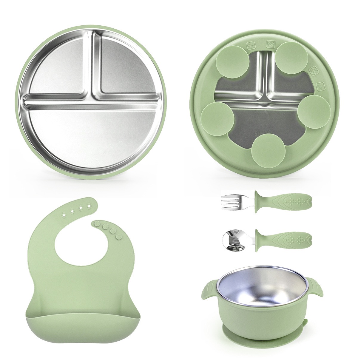 Stainless Steel & Silicone Baby Tableware Set in Sage Green