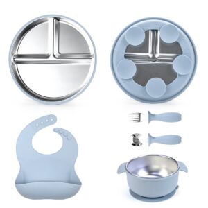 Stainless Steel Divided Plate With Silicone Edge, stainless steel + silicone, Light blue Divided, wholesale bulk supply, OEM ODM | Jarhouselife