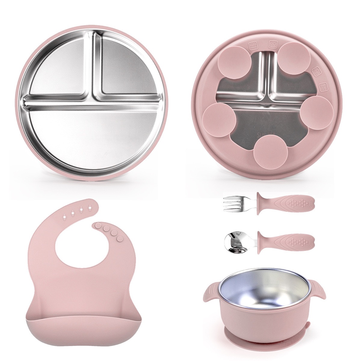 Stainless Steel & Silicone Baby Tableware Set in Light Pink