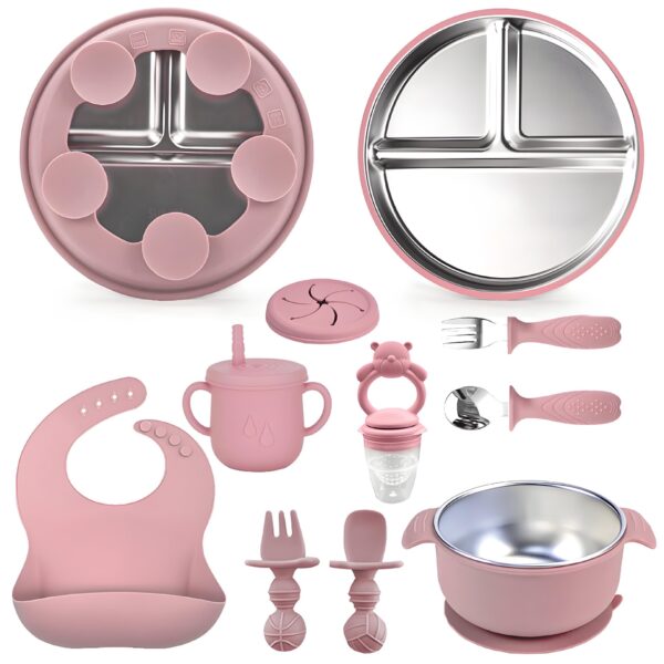 Vajilla infantil de acero inoxidable y silicona de 7 piezas 7-Piece Stainless Steel & Silicone Baby Feeding Set