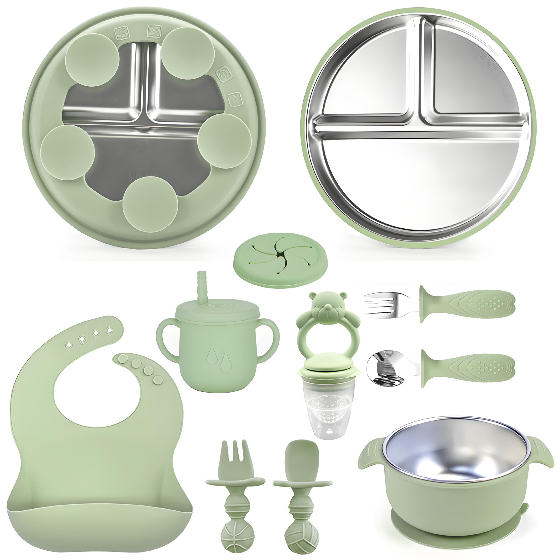 7-Piece Stainless Steel & Silicone Baby Feeding Set in Sage Green