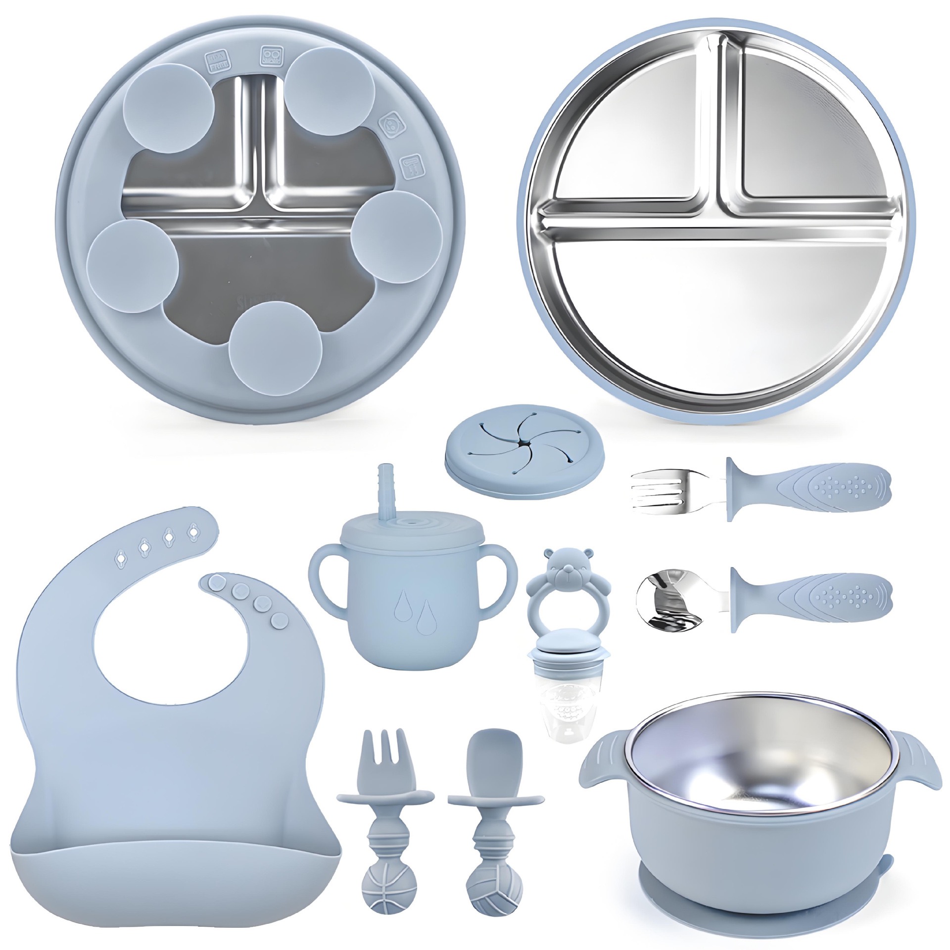 7-Piece Stainless Steel & Silicone Baby Feeding Set in Light Blue