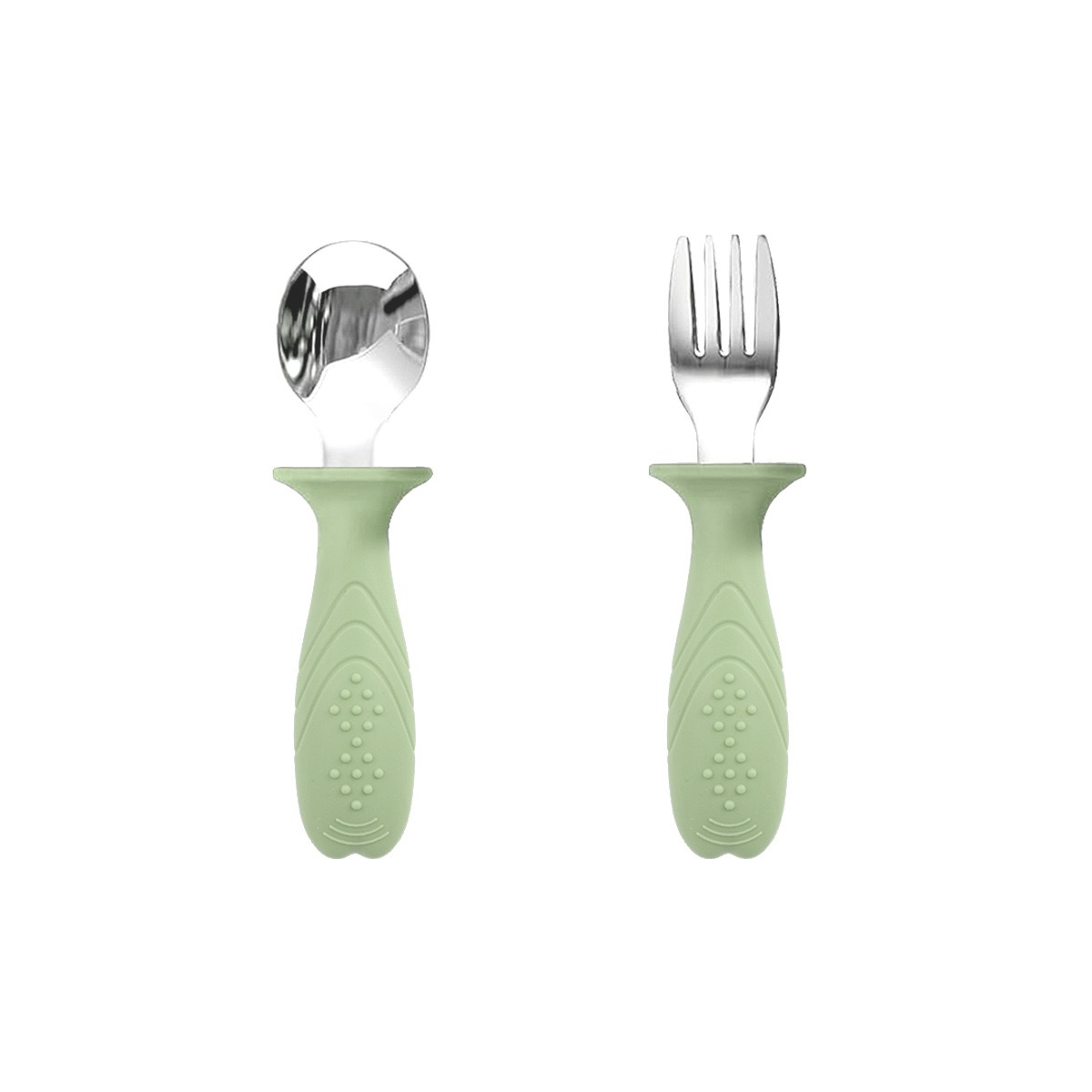 Baby Spoon & Fork Set with Textured Silicone Handles in Sage Green