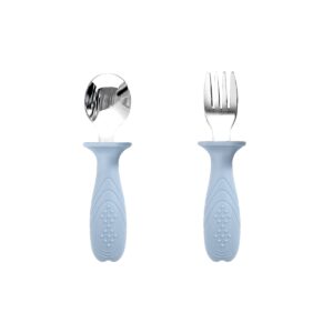 Stainless Steel Fork Spoon With Silicone Handle, stainless steel + silicone, Light blue Feeding, wholesale bulk supply, OEM ODM | Jarhouselife