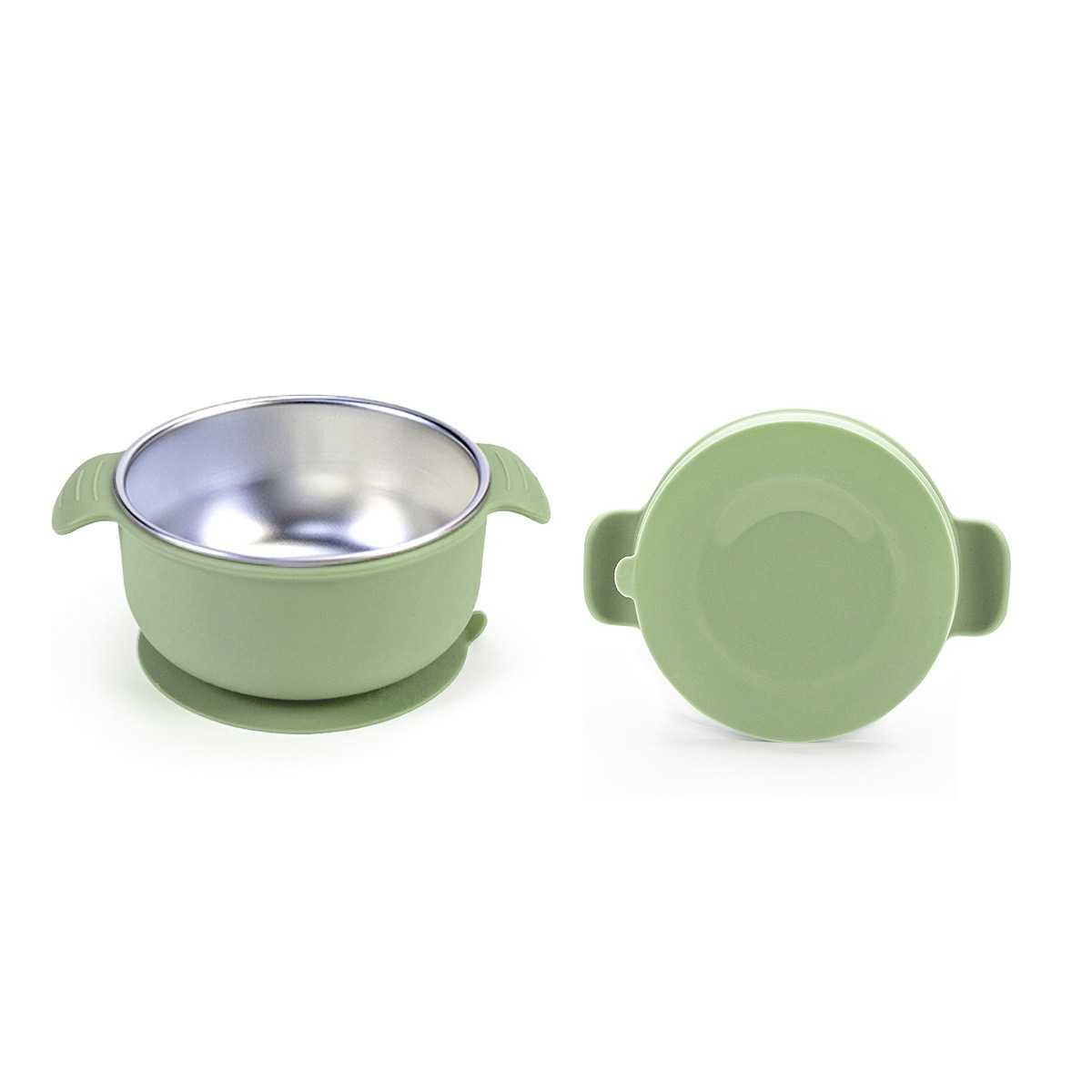 Stainless Steel Baby Suction Bowl with Handles in Sage Green