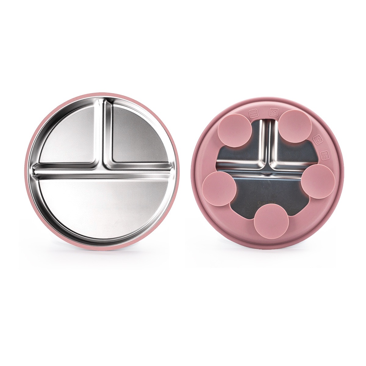 3-Compartment Stainless Steel & Silicone Suction Plate — close-up product details
