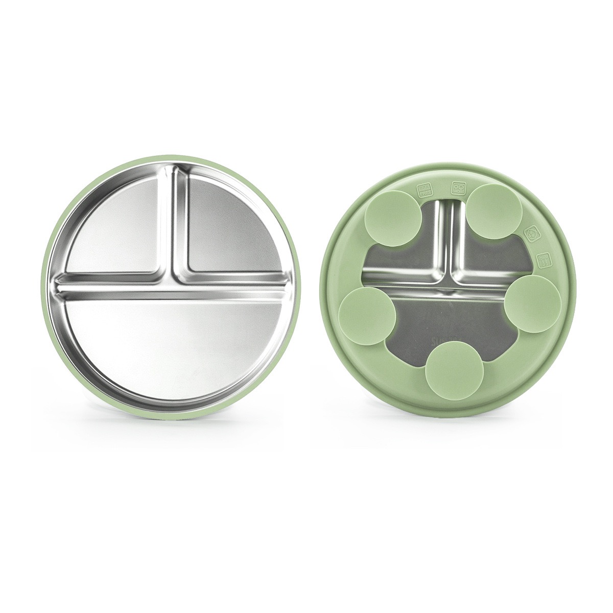 3-Compartment Stainless Steel & Silicone Suction Plate in Sage Green