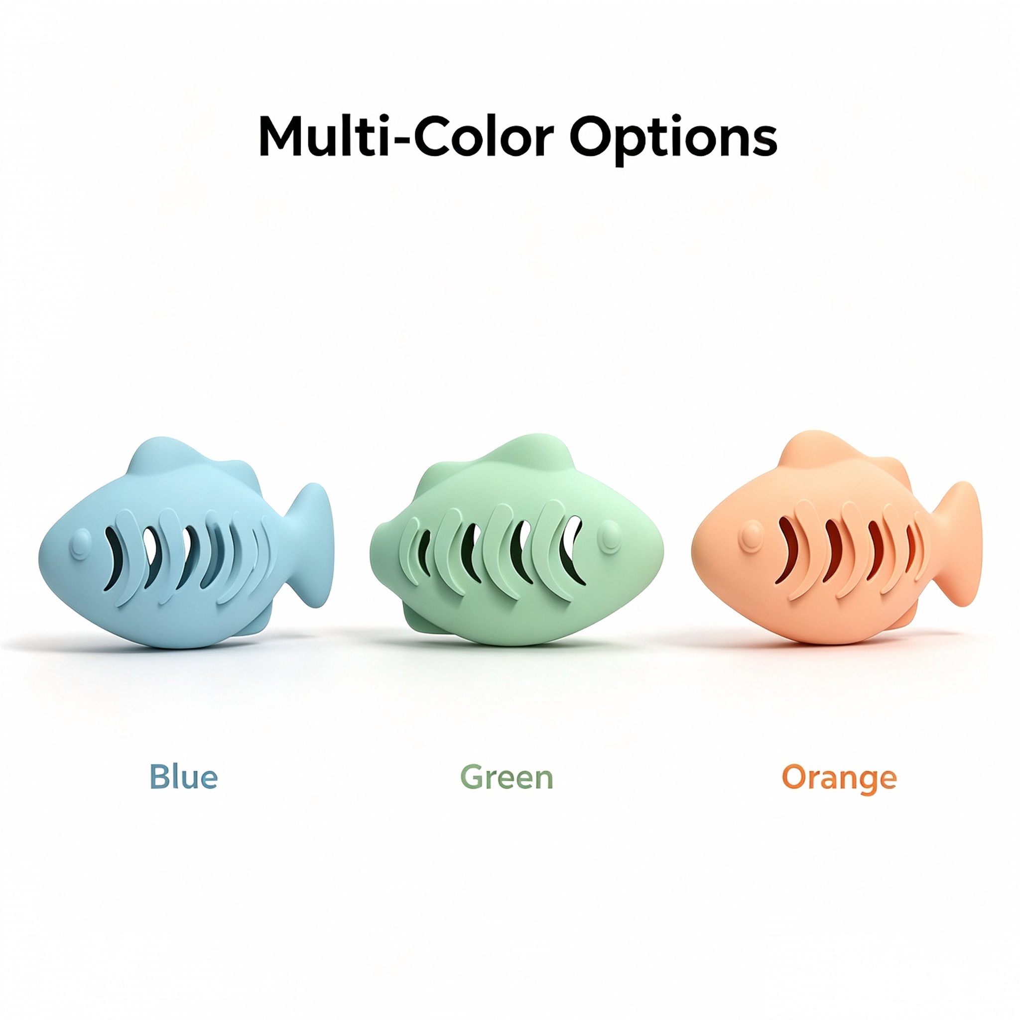 Silicone fish cat toys in blue, green and orange