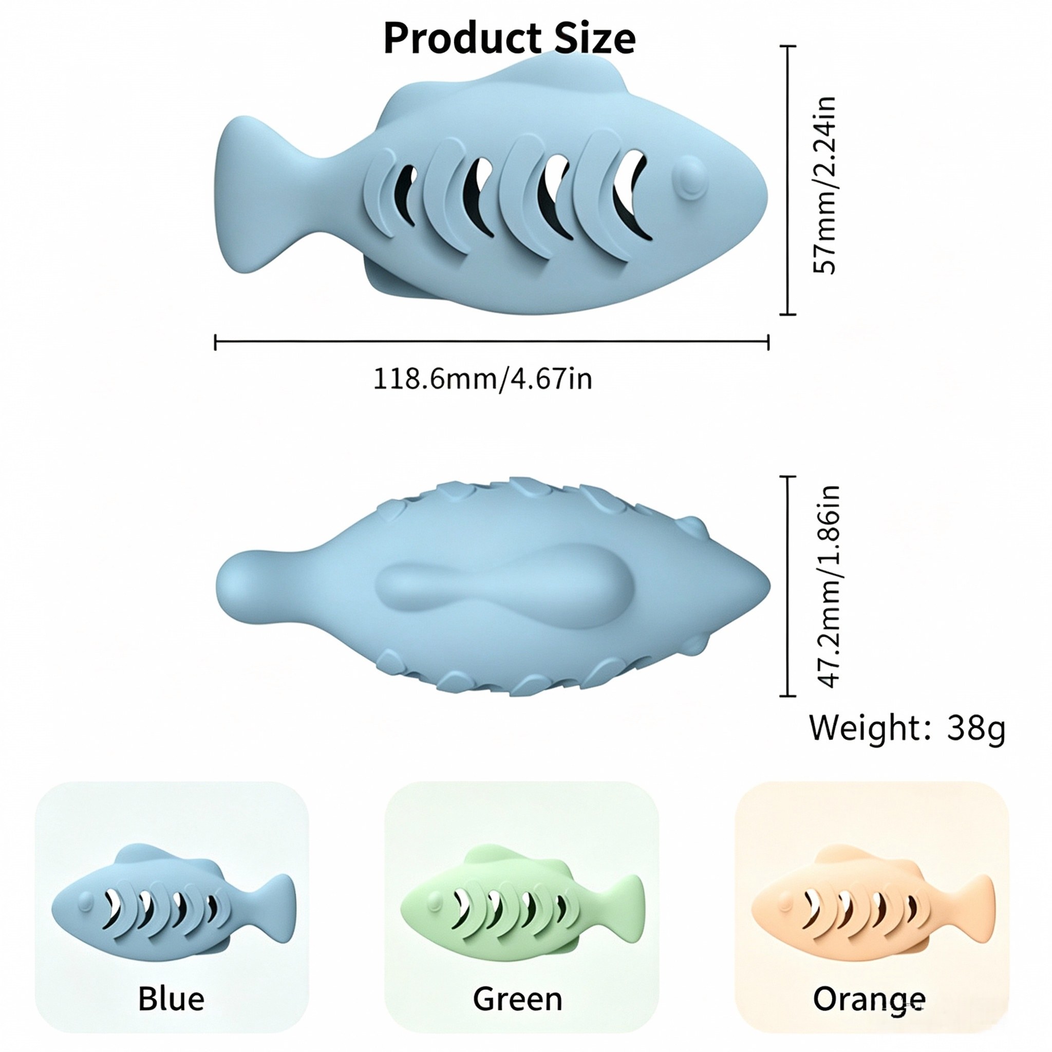 Fish-Shaped Silicone Cat Treat Dispenser — dimensions and measurement reference