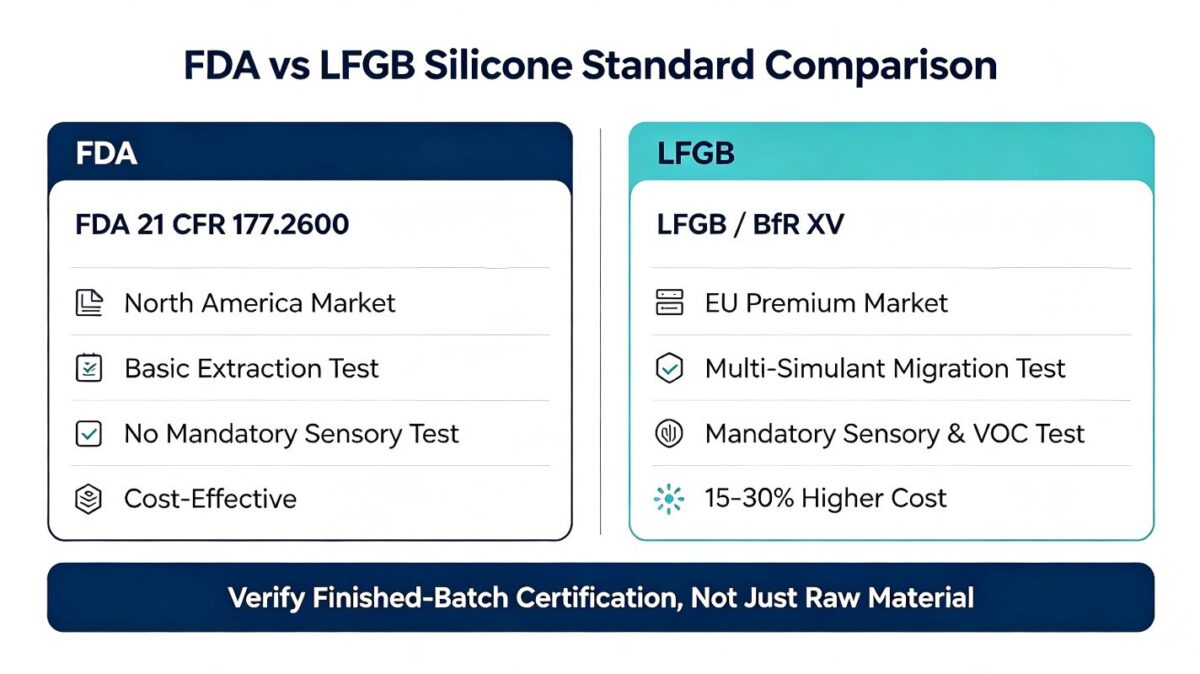 FDA 21 CFR 177.2600 vs LFGB BfR XV silicone standard comparison table for B2B wholesale buyers