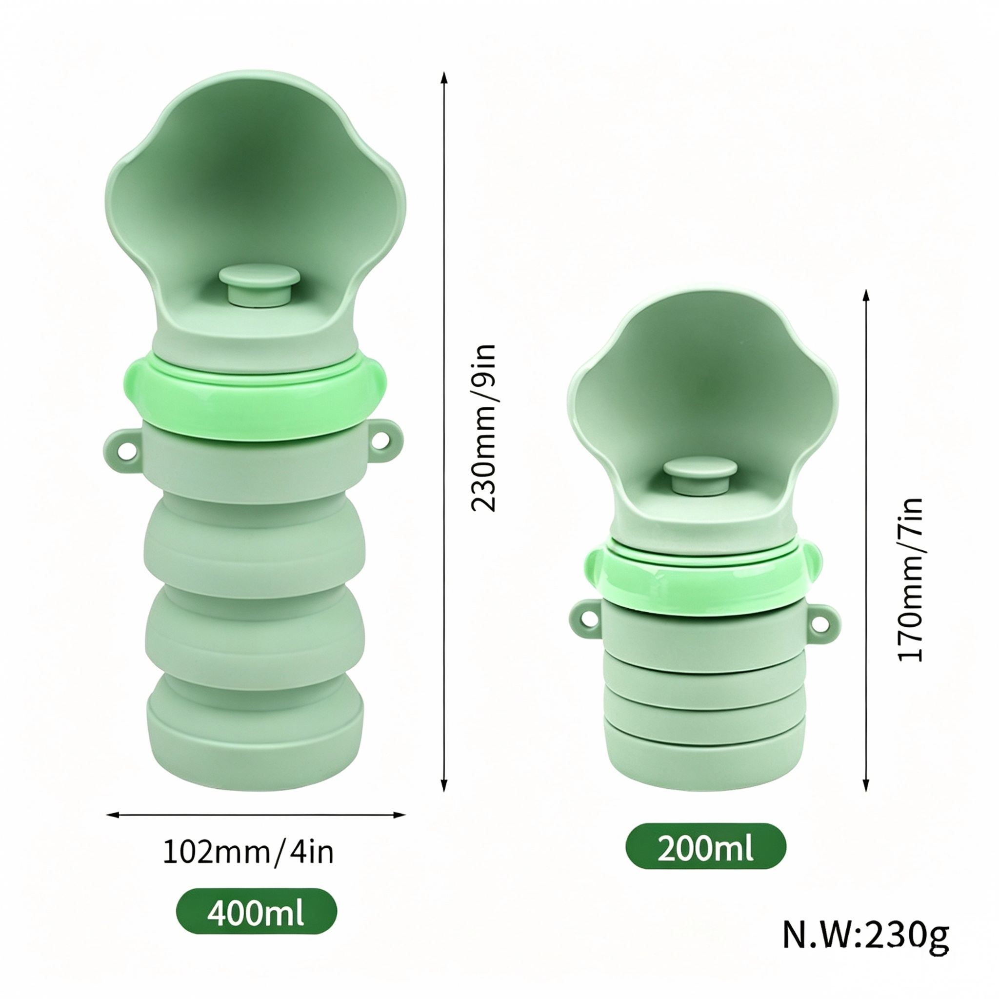 Collapsible Silicone Pet Water Bottle — dimensions and measurement reference