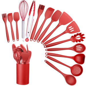 Red silicone cooking utensil set with storage bucket, all kitchen tools collection