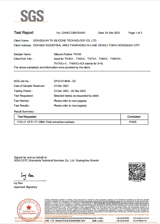 SGS FDA Test Report - food grade silicone SGS FDA test report for food grade silicone rubber material used in baby, kitchen and pet silicone products