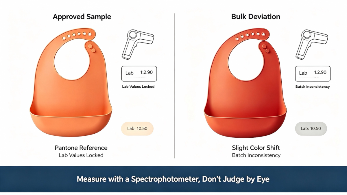 Silicone baby bib color comparison: approved pantone sample vs bulk production slight orange-red color shift, spectrophotometer lab value testing