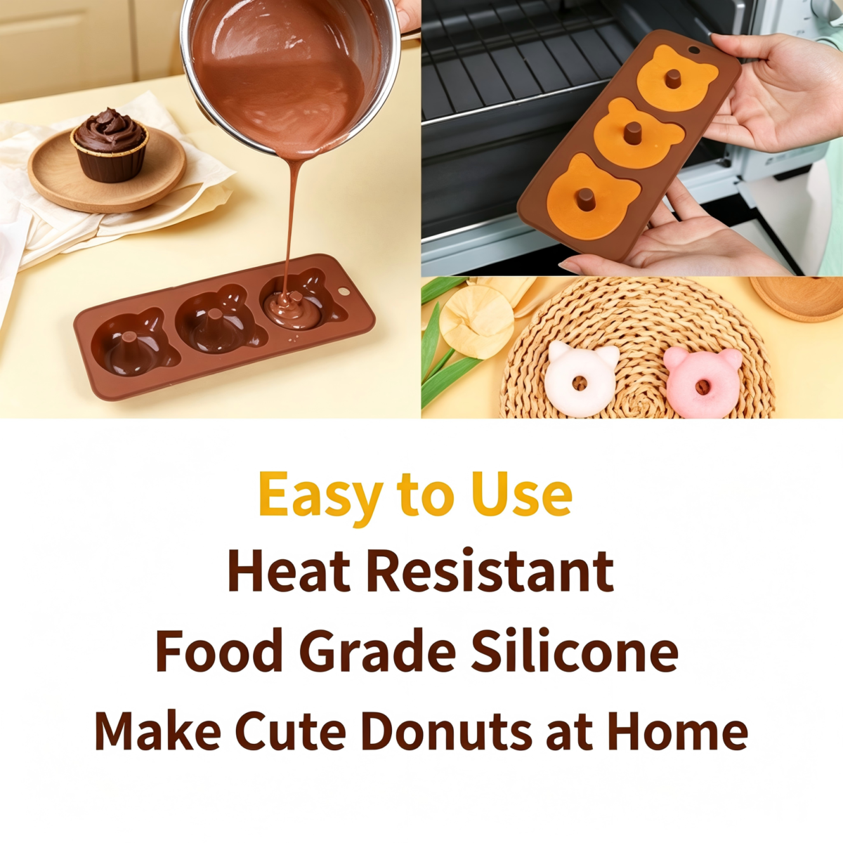 Heat resistant silicone donut mold, food grade, easy release for home baking