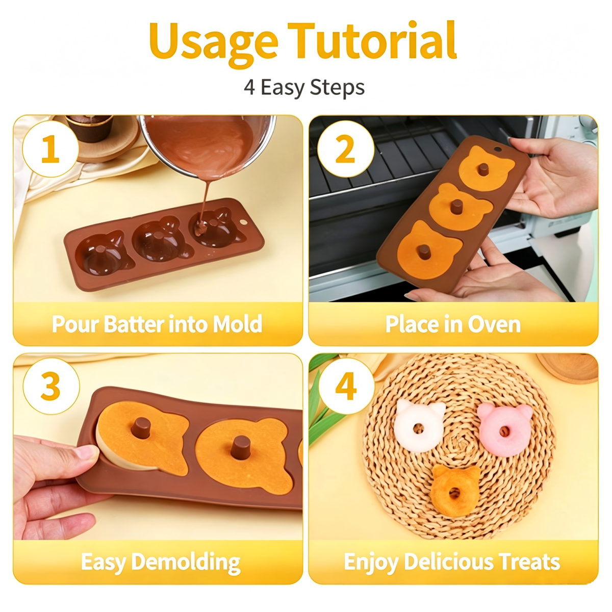 Silicone donut mold usage tutorial, easy release bear shape baking mould