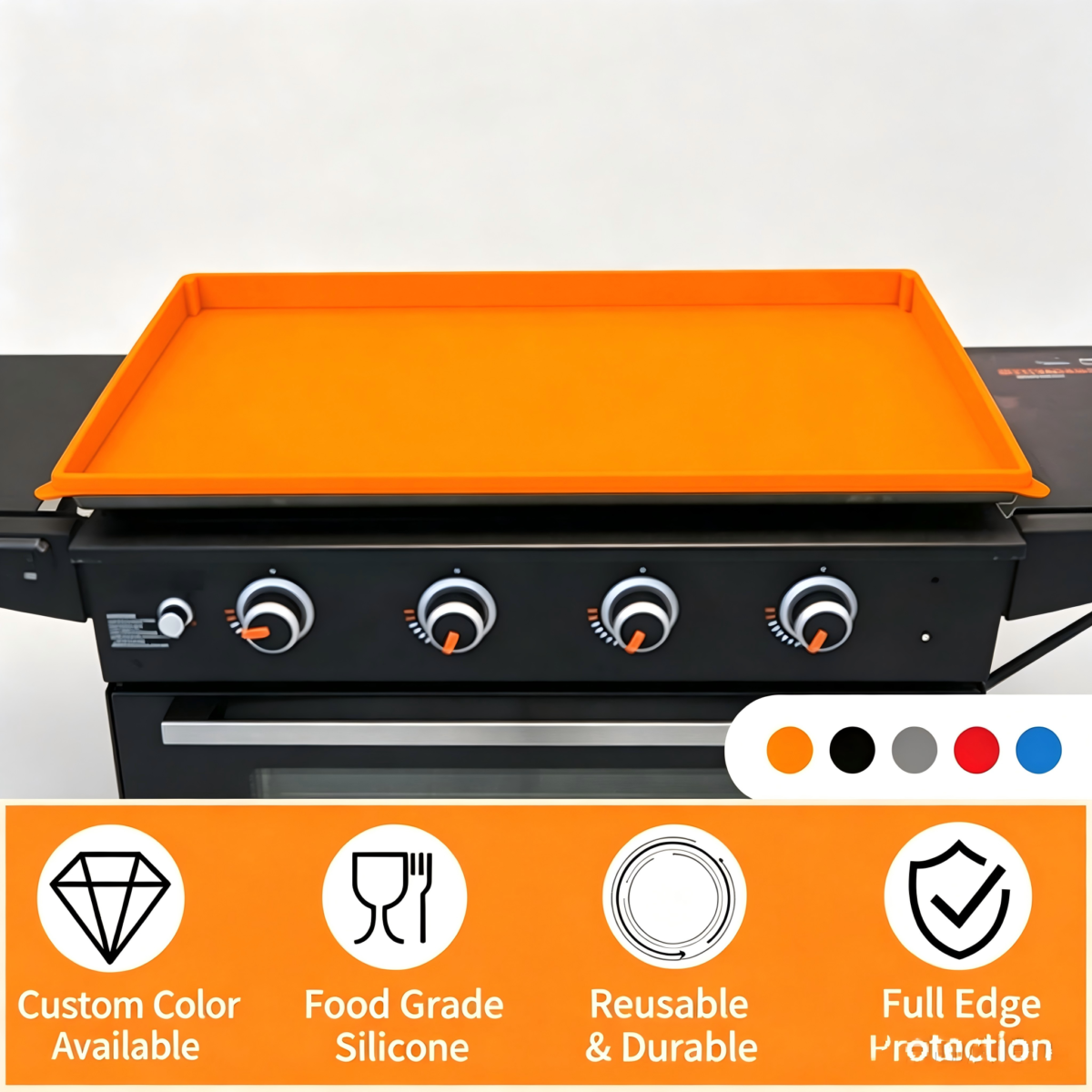 Orange silicone grill mat, food grade reusable barbecue grill mat, heat resistant for outdoor griddle
