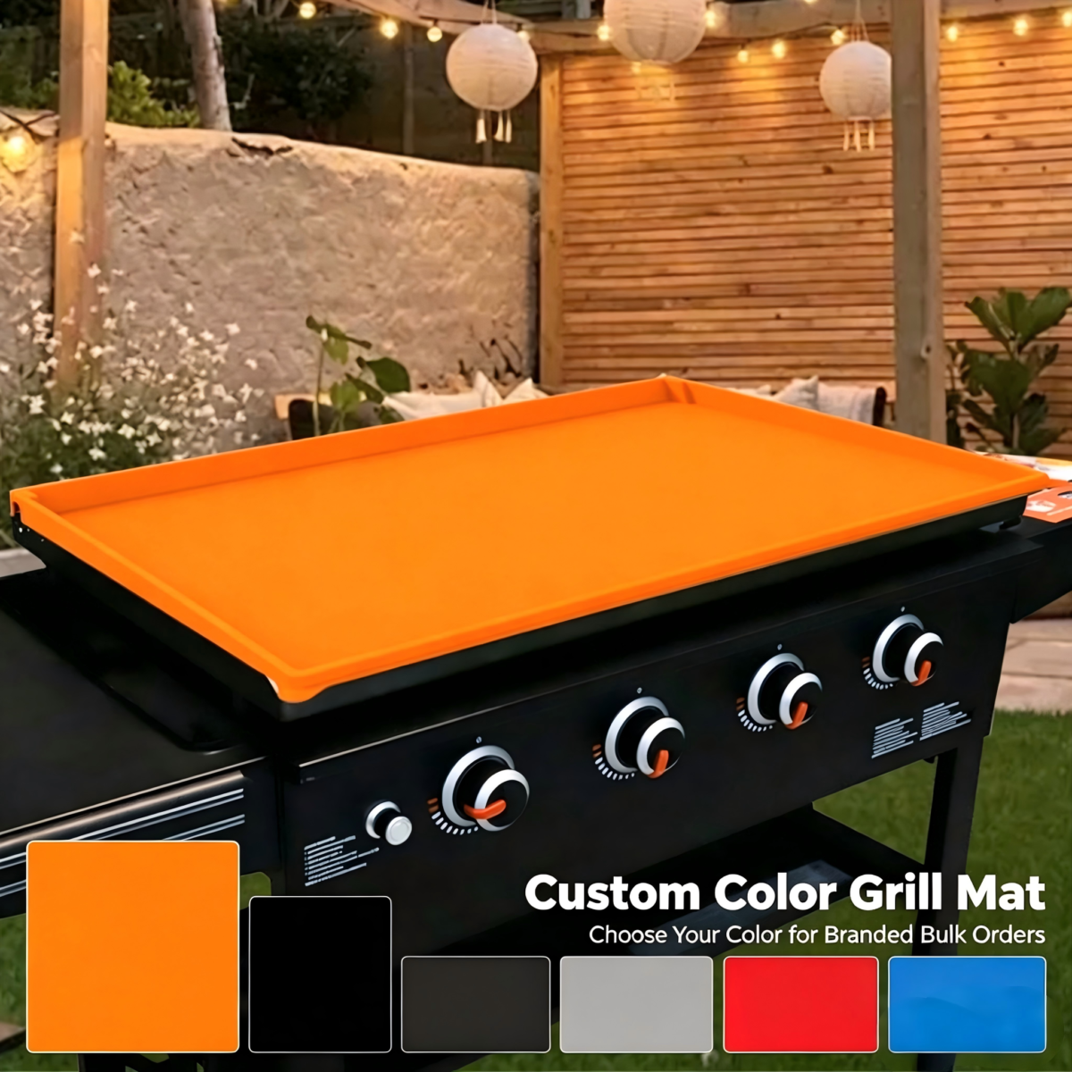 Silicone grill mat on outdoor barbecue griddle, reusable food grade mat for backyard BBQ cooking