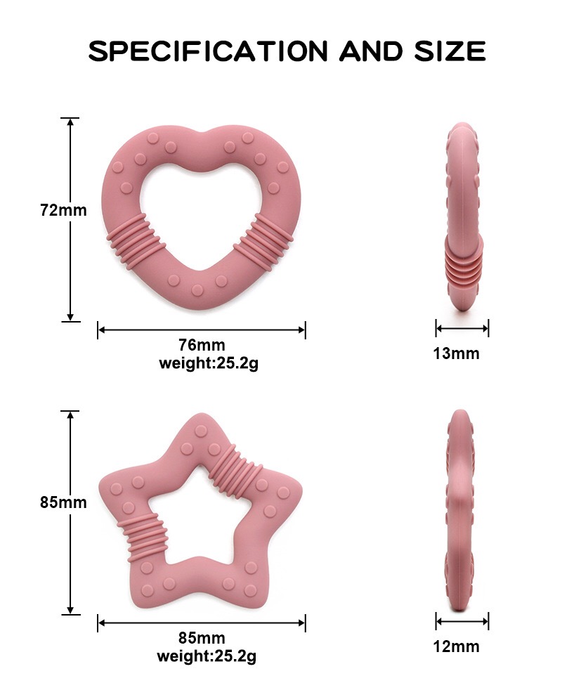 Heart Silicone Baby Teether — dimensions and measurement reference