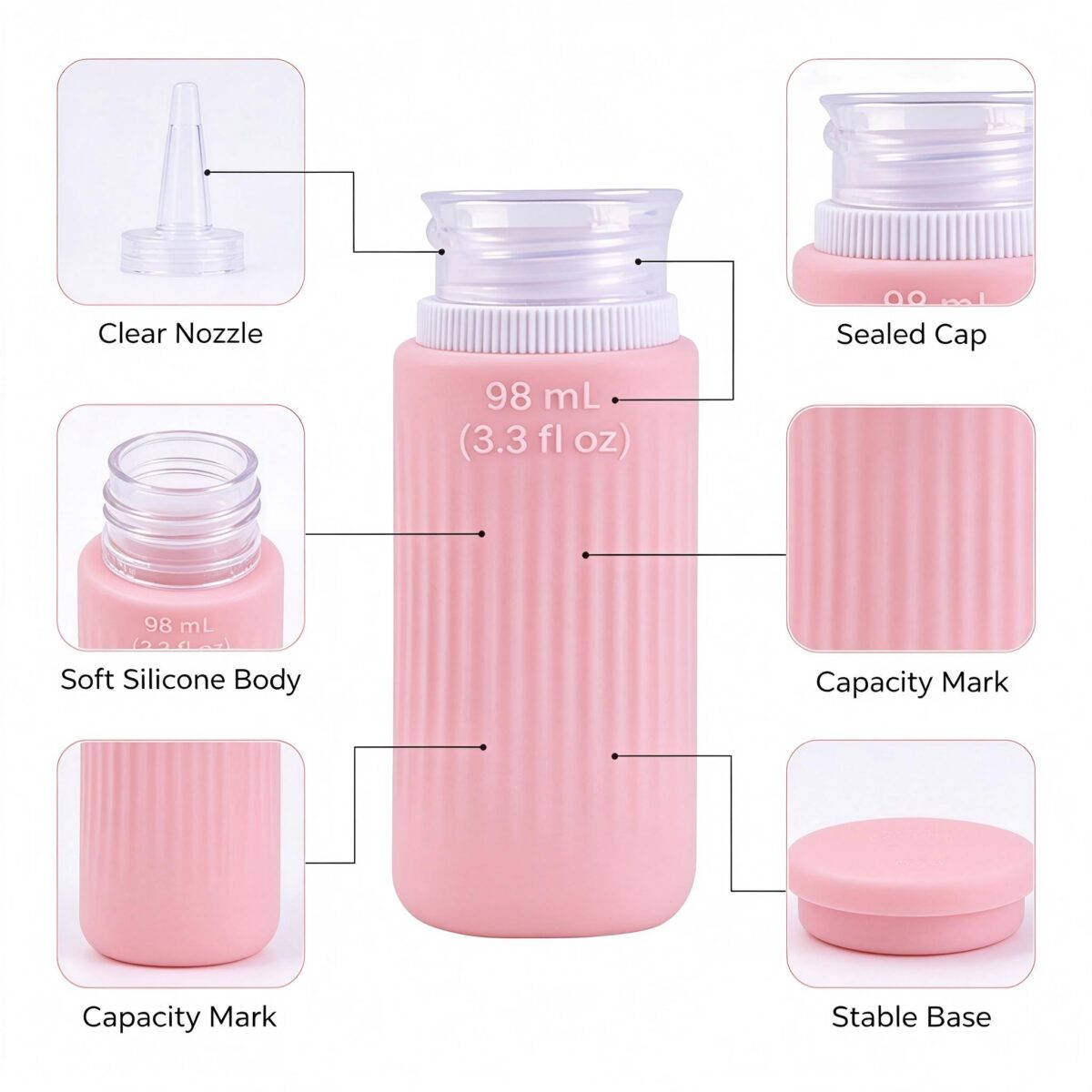 Silicone travel bottle structure detail, leakproof design, removable cap, cosmetic squeeze bottle