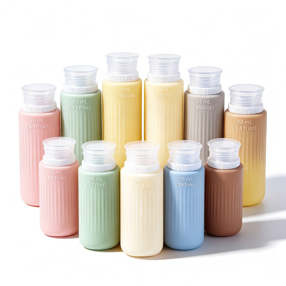 Silicone travel cosmetic squeeze bottles, portable toiletry containers, custom color for bulk wholesale