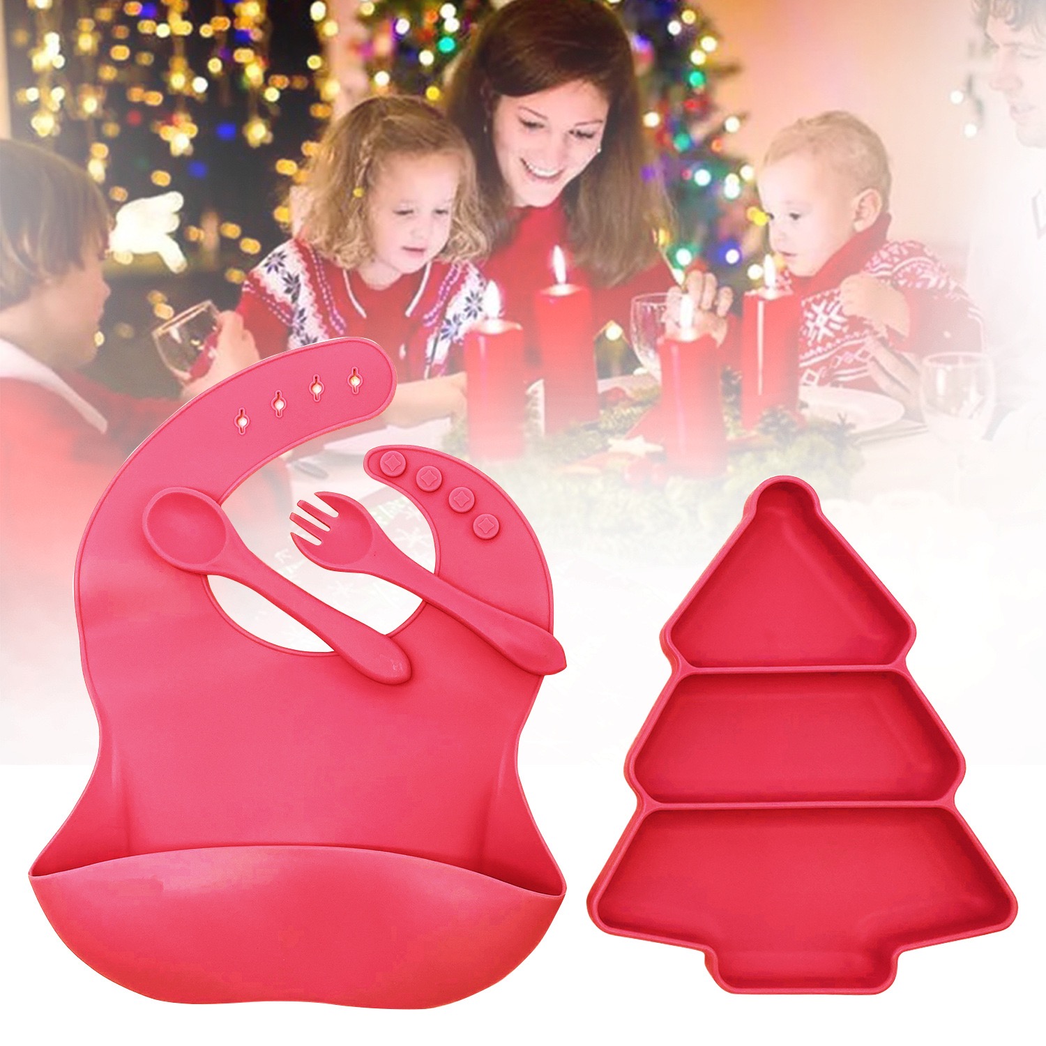 Christmas Tree Silicone Baby Feeding Set in Red