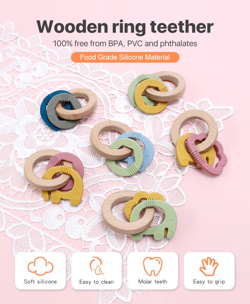 Silicone & Wood Baby Teether — close-up product details