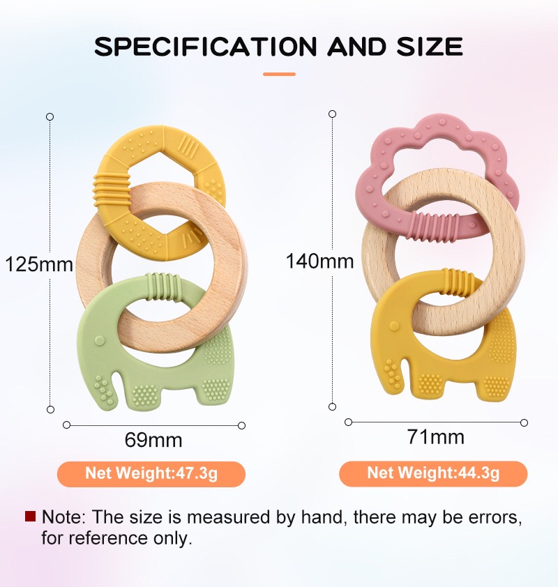 Silicone & Wood Baby Teether — dimensions and measurement reference