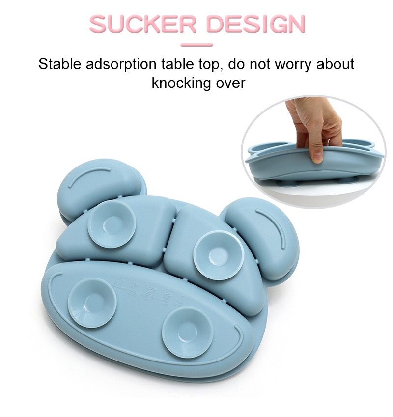 Strong suction base silicone panda plate, anti‑slip baby feeding plate function show