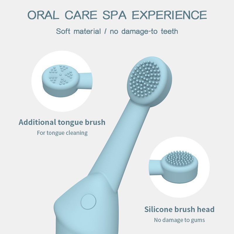 Close‑up detail of silicone pet toothbrush, soft bristles for dog teeth cleaning and gum massage