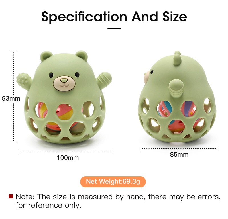 Dimension chart for animal‑shaped silicone teething ball bulk order
