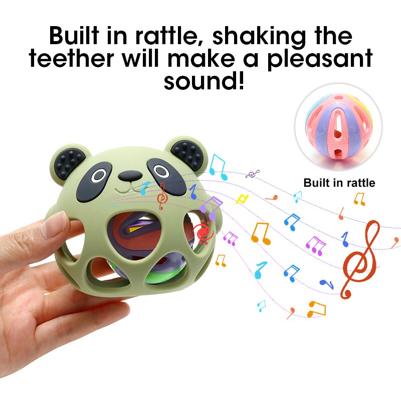 Panda silicone rattle ball teether, makes gentle rattle sound for baby sensory stimulation