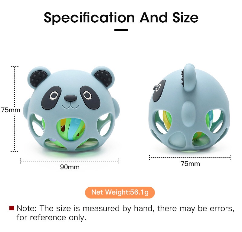 Dimension specification chart of panda rattle ball teether for wholesale product reference