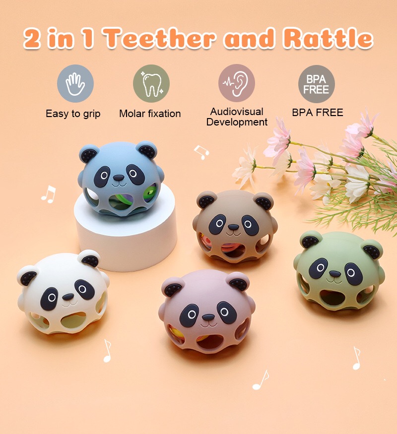 Cute panda shape silicone rattle ball teether, 2‑in‑1 baby sensory teething toy wholesale