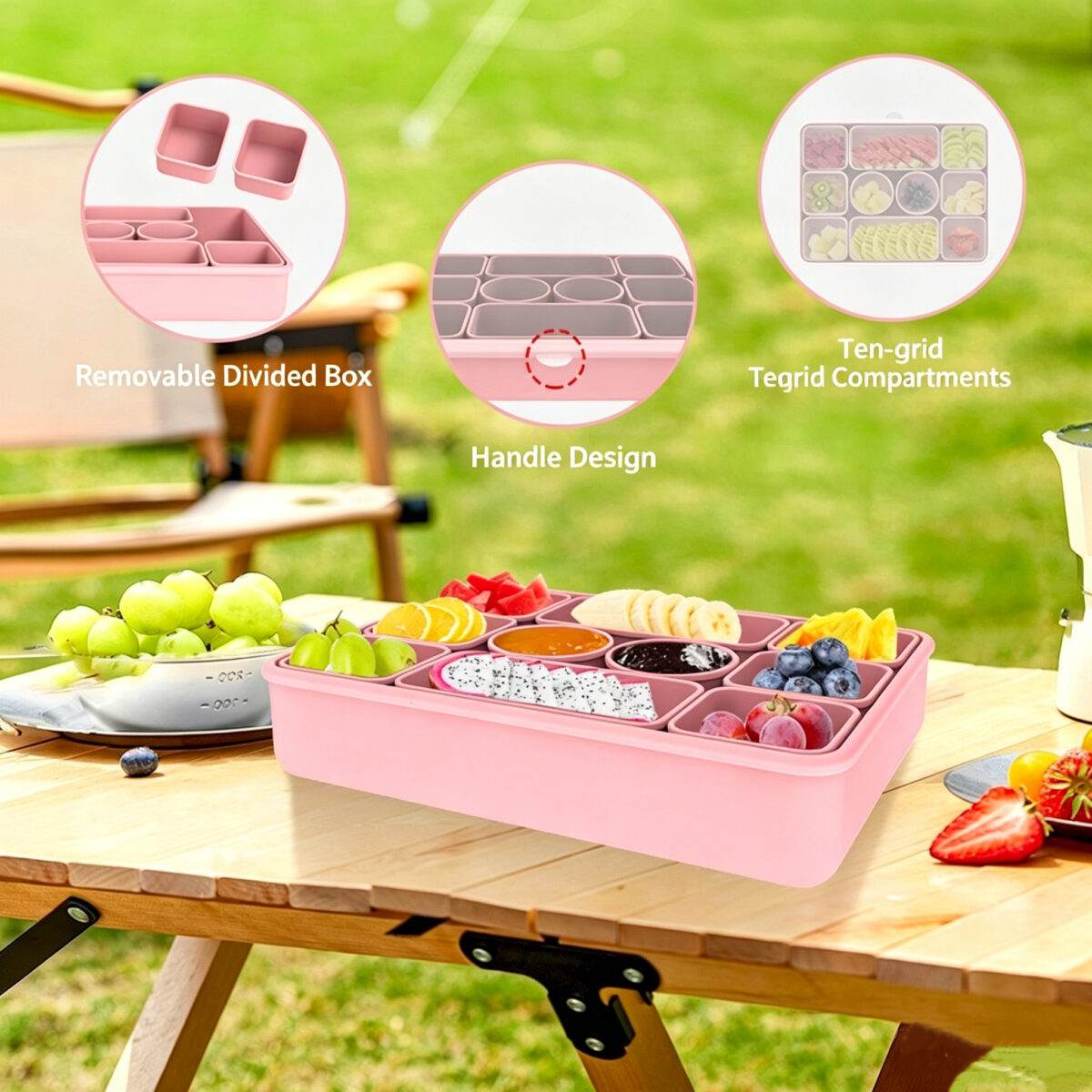 Detail features of silicone picnic storage box, removable divided box, handle design, ten-grid compartments